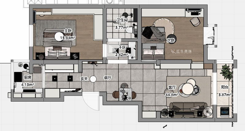 朱彦｜怡水嘉园3幢11号101室-100㎡-现代简约风格｜2室2厅1卫｜老房改造｜定制家｜全包12万｜00_03平面彩图